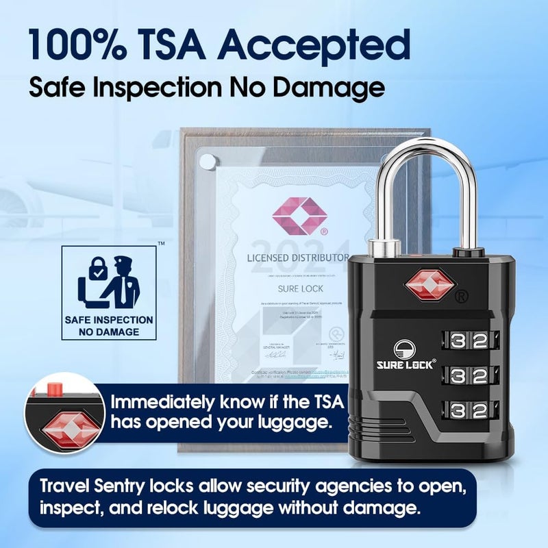SURE LOCK أقفال TSA للأمتعة، أقفال أمتعة معتمدة من TSA مع تنبيه فتح، مفتاح 008 لأمان عالي، أقراص قراءة سهلة، جسم من سبائك الزنك، قفل خزانة للحقائب، صالة رياضية، سفر. (أسود 2 حزمة) - Image 2